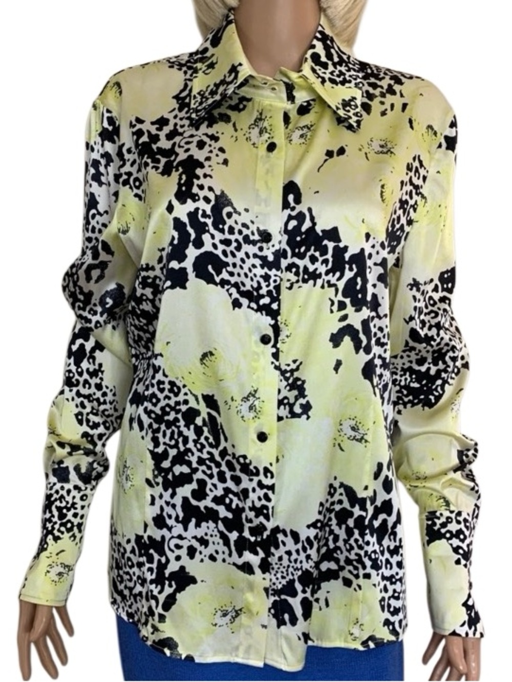 St John Silk Blend Animal Print Tailored Blouse in Yellow/Black Womens 6